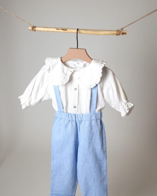 Lino kelnės su petnešėlėmis, solid blue